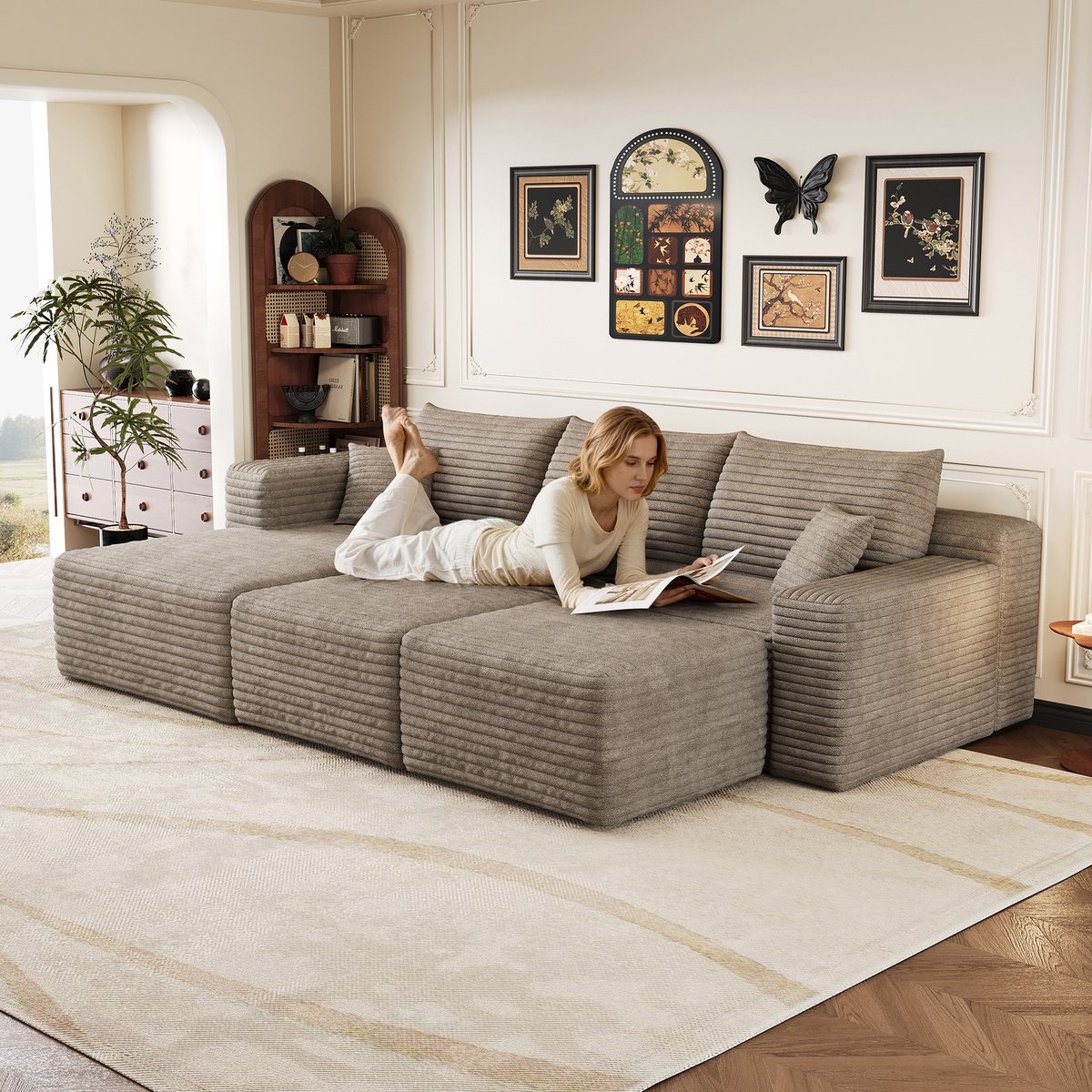 Modulaire Hoekbank - 5 Zits Cloud Sofa Ribstof - L Vorm Lounge Bank Met Diepe Zit - Comfortabele Sofa Zonder Montage - Moderne Woonkamer Bank Camel