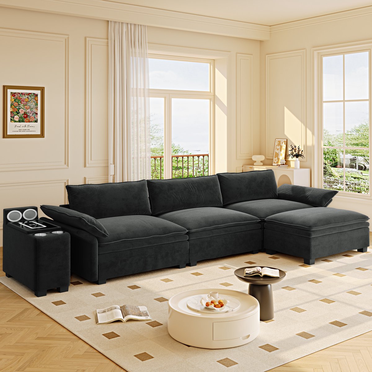 VVBV Hoekbank 315x70x85 cm - L-Vorm, Opbergruimte, Stabiel Metalen Frame - Zwart, Chenille