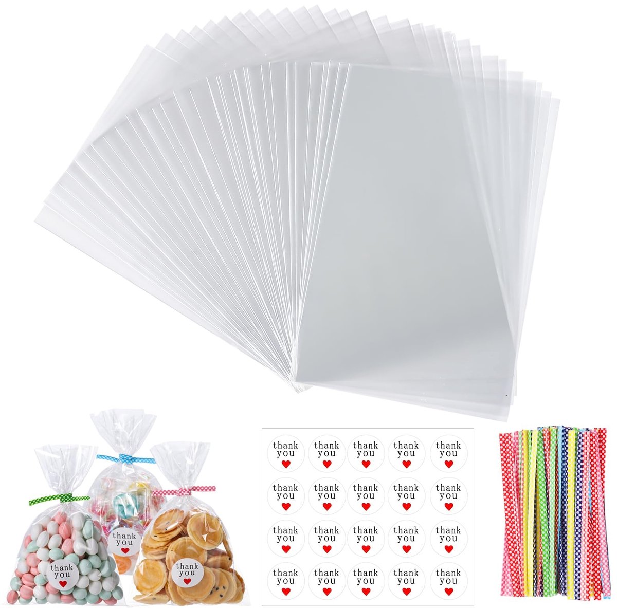 Solidchoice - Set van 200 Transparante Plastic Zakjes 10x15 cm met Touwtjes en Stickers