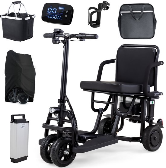 Zwarte opvouwbare scootmobiel met accessoires: boodschappentas, display, bidonhouder, opberghoes, accupack en oplader.