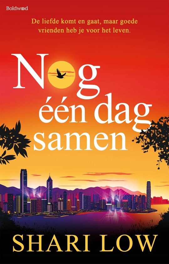 Boekomslag met de titel 'Nog één dag samen' in grote witte letters tegen een zonsondergang met een stad op de achtergrond.