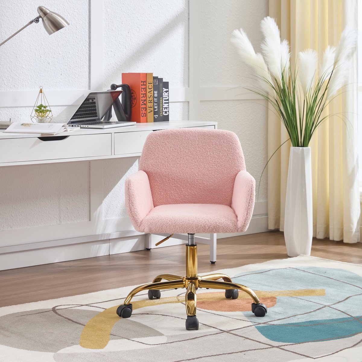 Sweiko Bureaustoel - Make-upstoel - Kunstlamsvel - 360° Draaibaar - In hoogte verstelbare zitting - Metalen frame - Roze