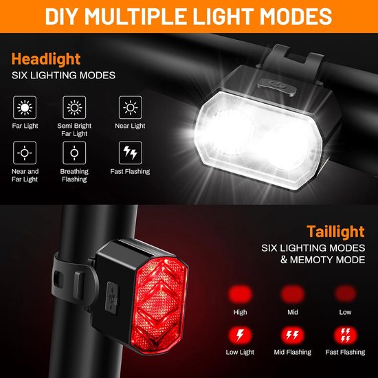 Ulisem - Fietsverlichting Set USB Oplaadbaar - LED Voorlicht & Achterlicht voor Fiets - 6 Lichtstanden - Waterdichte Fietslampen IPX6 - Universele Fietsaccessoires — afbeelding 4