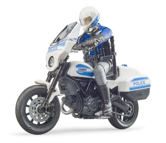 Politieagent op een witte Ducati Scrambler motorfiets met blauwe "POLICE"-opschriften.