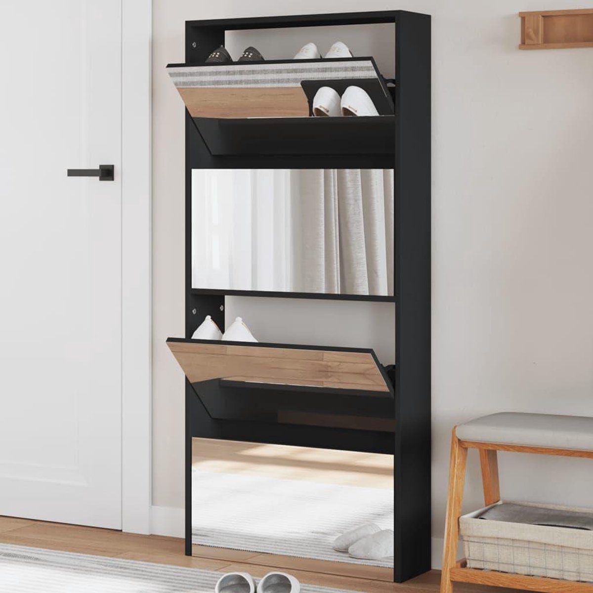 Schoenenkast met spiegel - Schoenenopberger Garderobe - Schoenen Organiseren - 4-laags Uittrekbaar - 63x17x134 cm - Zwart