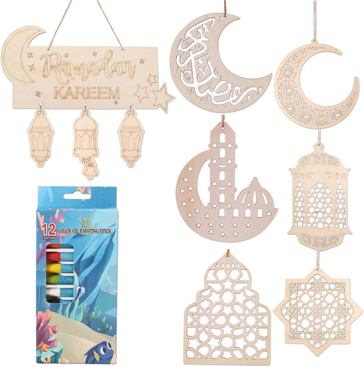 Houten pendant ornamenten set - 7-delige decoratie voor Ramadan en Eid Mubarak - feestelijke half maan en sterren - ShopVlot