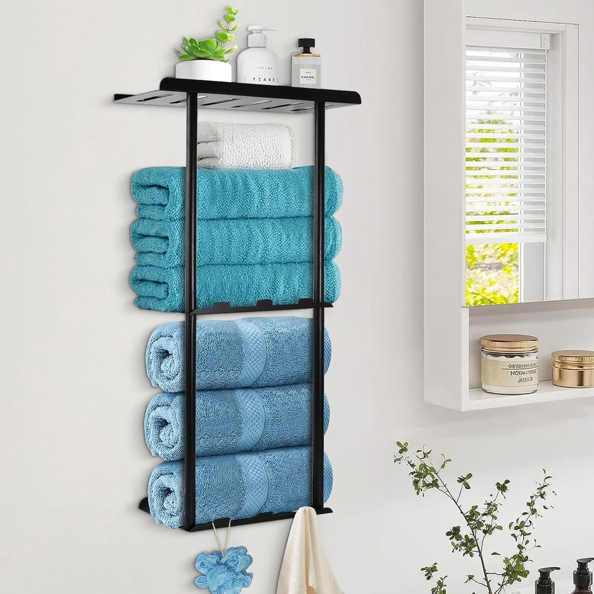 Handdoekrek wand zwart - handdoekrek met plank - 6 handdoekhaken - ruimtebesparend voor badkamer - ShopVlot