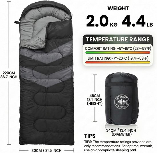 SnelShoppen - Slaapzak voor de winter -15 °C tot 0 °C, ultralichte campingslaapzak voor volwassenen en kinderen, 4-seizoenen slaapzak met compressieza van Snelshoppen — afbeelding 3