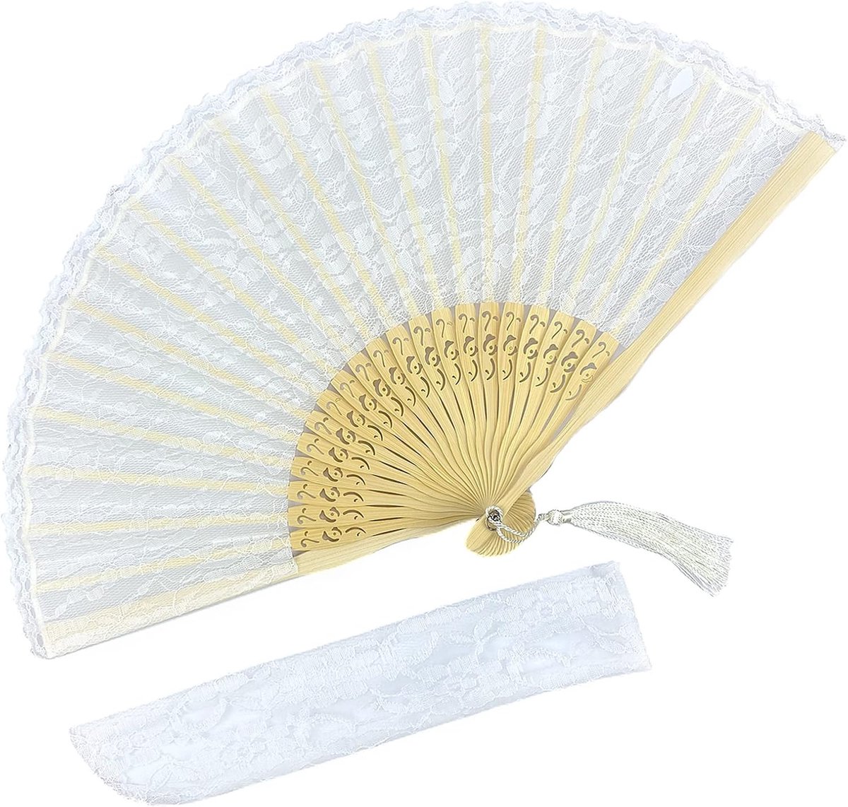 Handventilator wit kant 21cm - handgemaakt bamboe - elegante trouwaccessoire - perfect voor bruiloften - ShopVlot