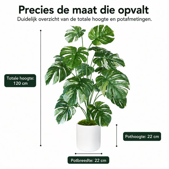 Plante artificielle verte Monstera dans un pot blanc avec dimensions: hauteur totale 120 cm, hauteur du pot 22 cm, largeur du pot 22 cm.