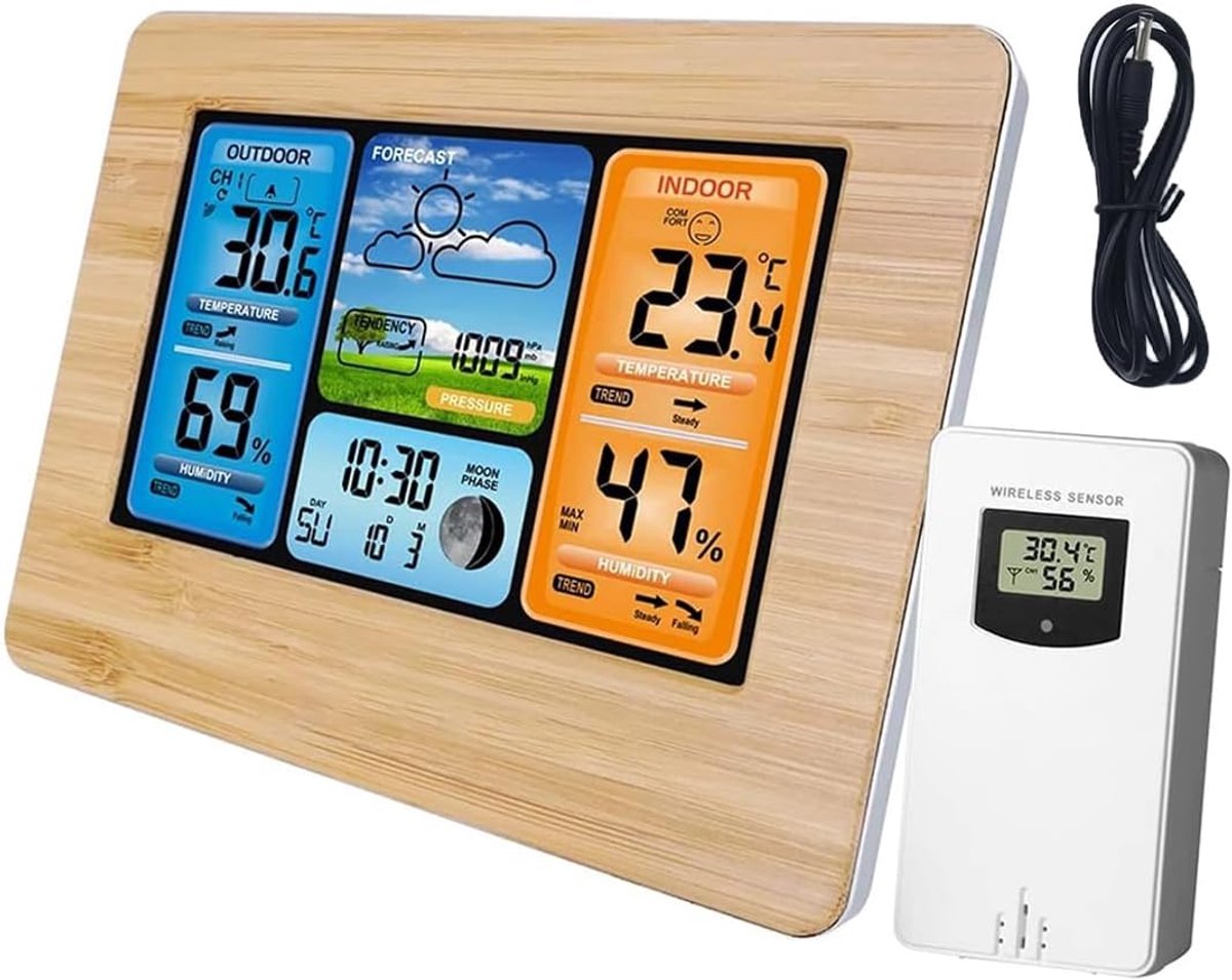Weerstation draadloos - digitaal kleurendisplay - buitensensor - weersvoorspelling binnen 24 uur - ShopVlot