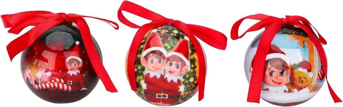 Kerstballen Elfenset 3-6,5cm - Unieke elf ontwerpen - Glitter met rode strik - Feestelijke decoratie voor je boom - ShopVlot