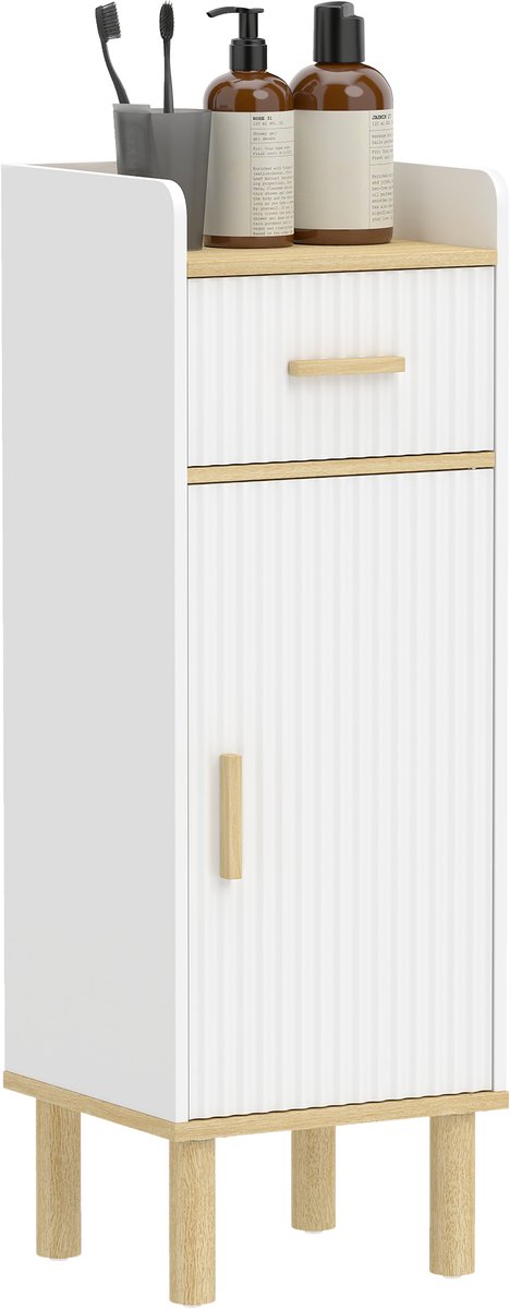 Sogiol® Smalle Badkamerkast - Badkamermeubel met Lade en Verstelbare Plank - Wit en Eiken - Compacte Opbergkast