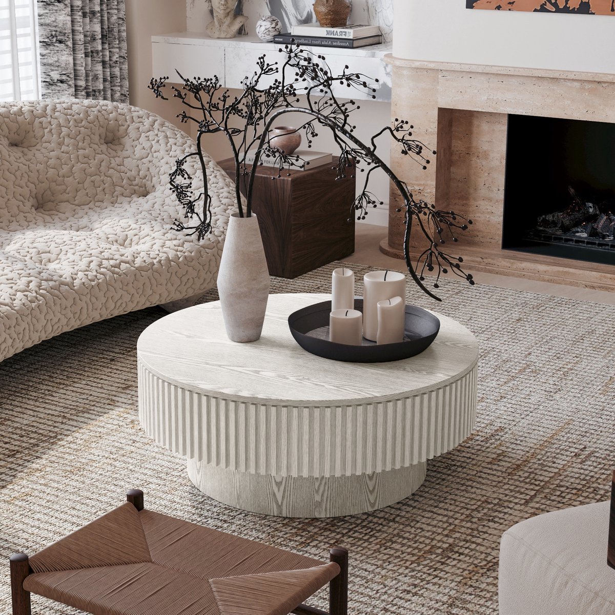OKWISH Ronde Salontafel 75 cm - Met Verborgen Opbergruimte - Modern En Stijlvol - Retro Wit - Houtfineer En MDF