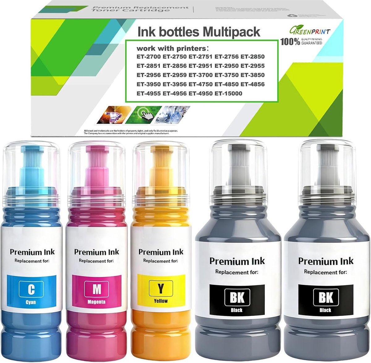 Inktflesjes Meerpakket EPT102 - 5 Stuks - 2x Zwart, 1x Cyaan, 1x Magenta, 1x Geel - Vervangingsinkt voor ET-printers - ShopVlot