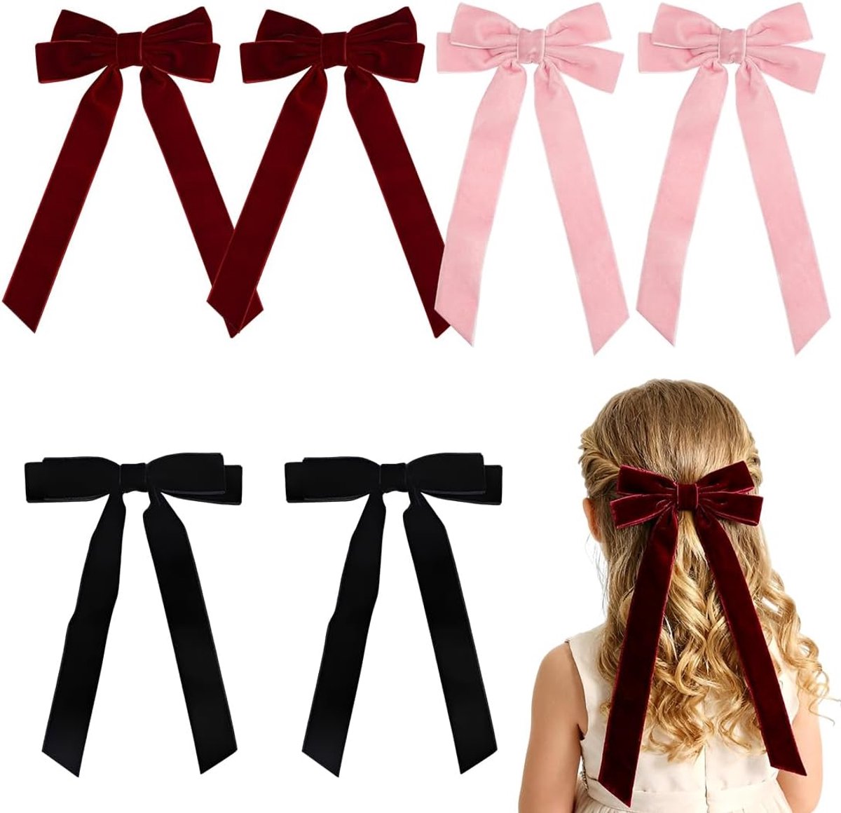 Kerstfeest haaraccessoires 6 stuks - fluwelen strik - zwart, lichtroze, bordeauxrood - perfect voor feestelijke looks - ShopVlot
