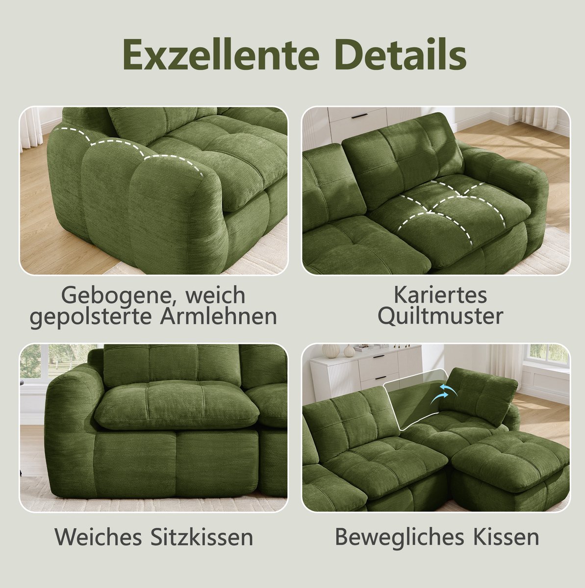 OKWISH Hoekbank 4-Zits - L-Vormige Modulaire Bank Met Karostepp Design En Ottoman - Brede, Diepe Zit Voor Woonkamer - Chenille - Groen