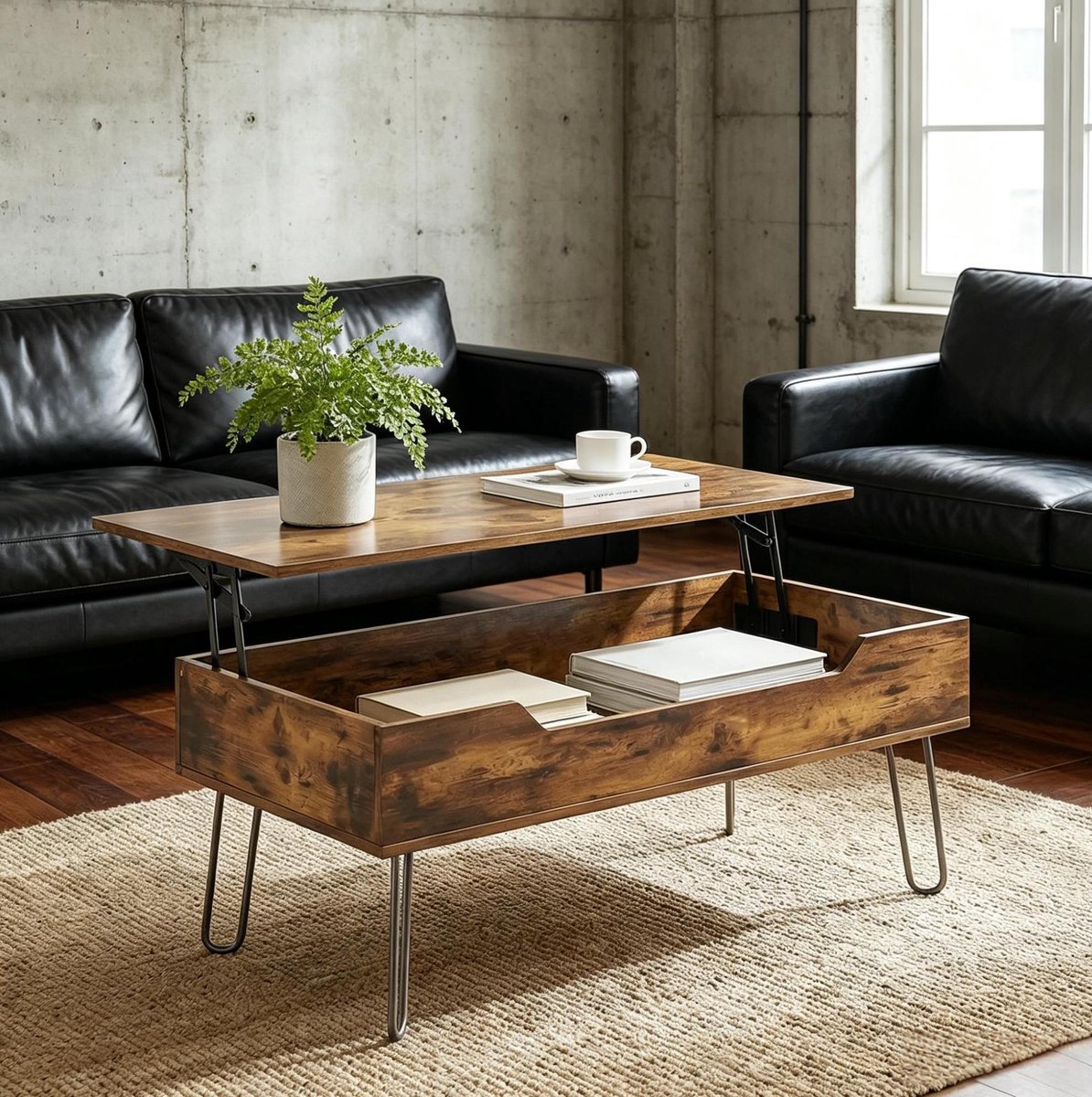 OKWISH Salontafel - Hoogte Verstelbaar - Verborgen Opbergruimte - Rechthoekig Design Voor Woonkamer - MDF Walnoot - 95x50x40 Cm