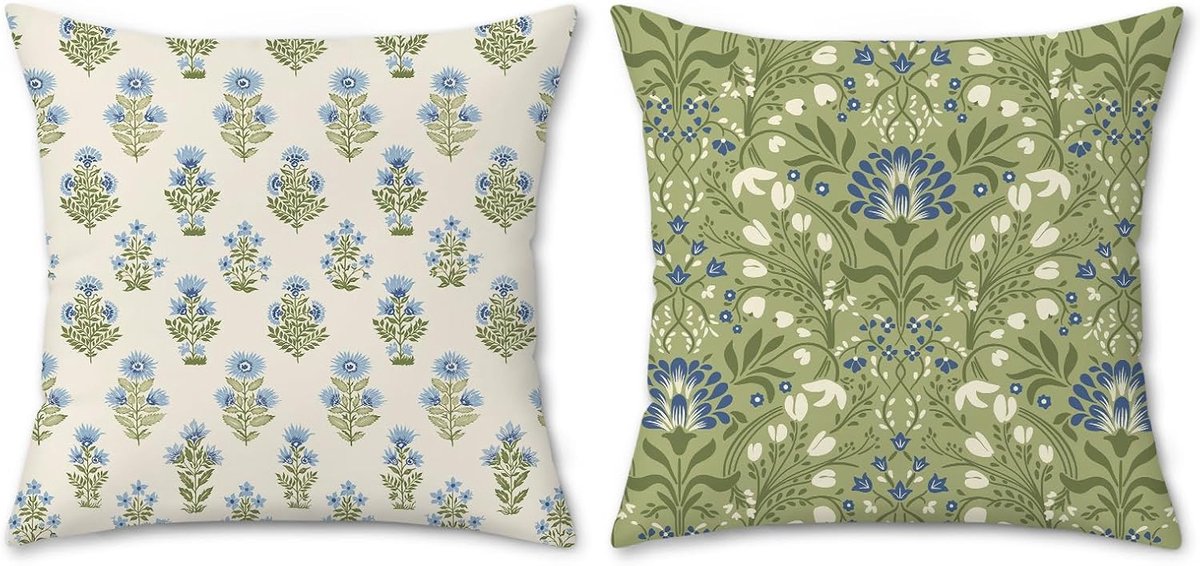 Kussenhoezen 45 x 45 cm - Fluweel - Groene en blauwe bloemen - Perfect voor tuinmeubelen en woonkamer - ShopVlot