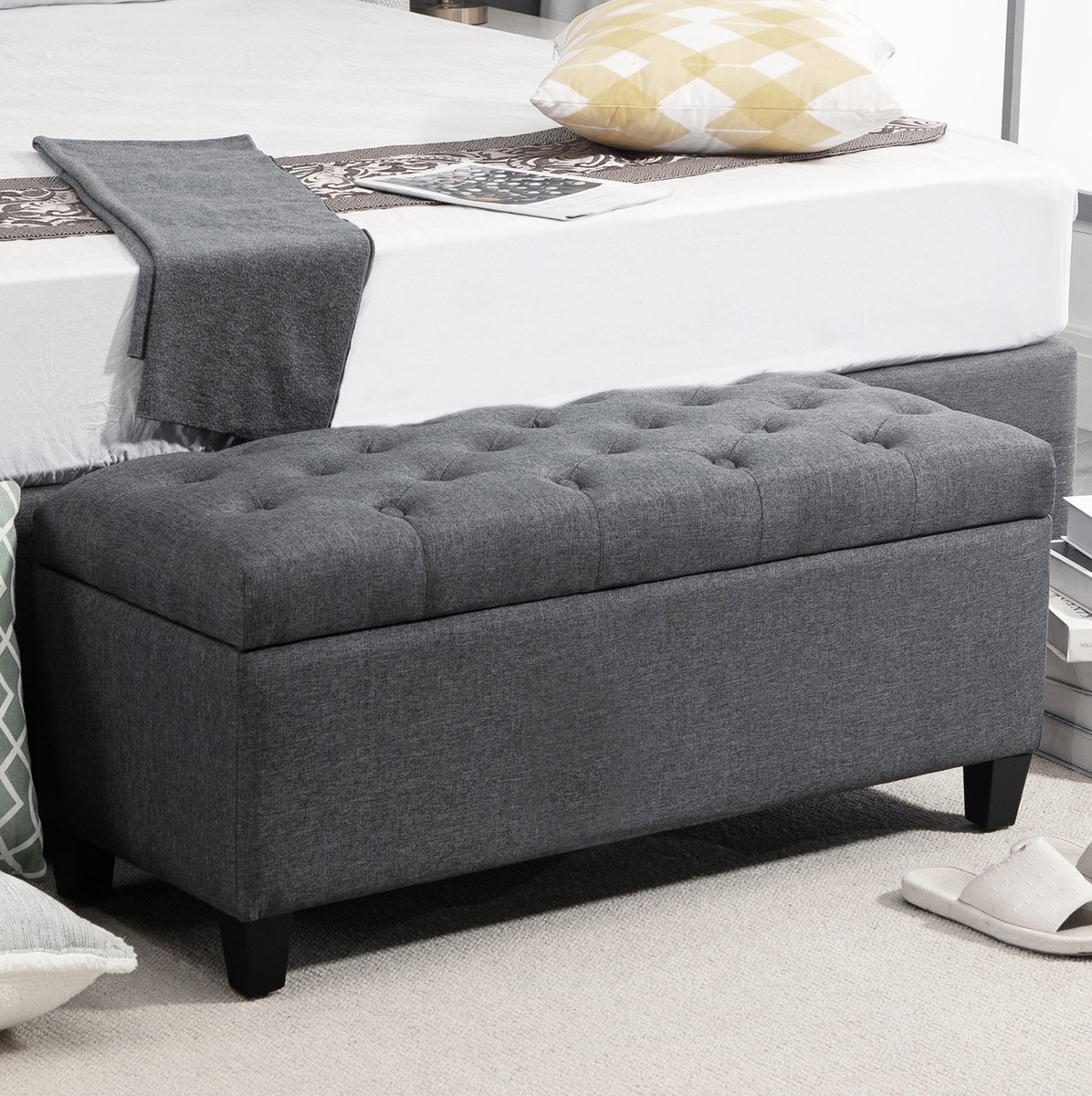 STILVORA Opbergbank 100 x 40 x 44 cm - Gecapitonneerd Met Opklapbare Zitting En Ruime Opbergruimte - Voor Woonkamer En Hal - Polyester - Donkergrijs
