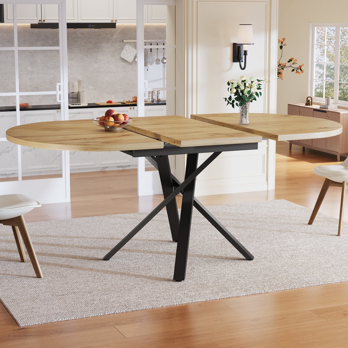 DESMIU Eettafel - Uitschuifbaar Rond Tot Ovaal Tafelblad - Voor Keuken En Eetkamer - MDF En Metaal - 100x100x75,5 Cm - Houtkleur