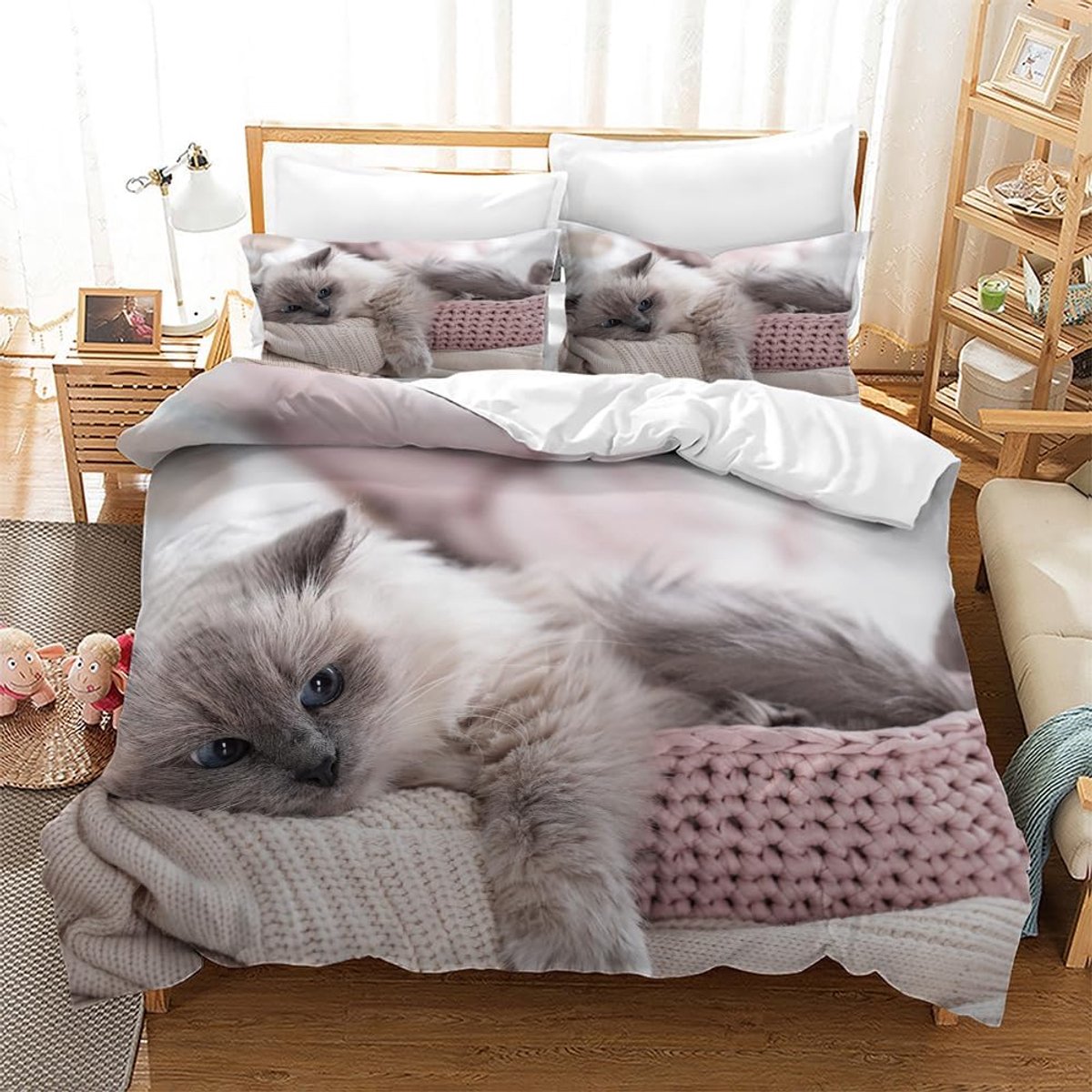 Beddengoedset 220 x 240 cm - 3D-kattenmotief - microvezel - perfect voor kattenliefhebbers - ShopVlot