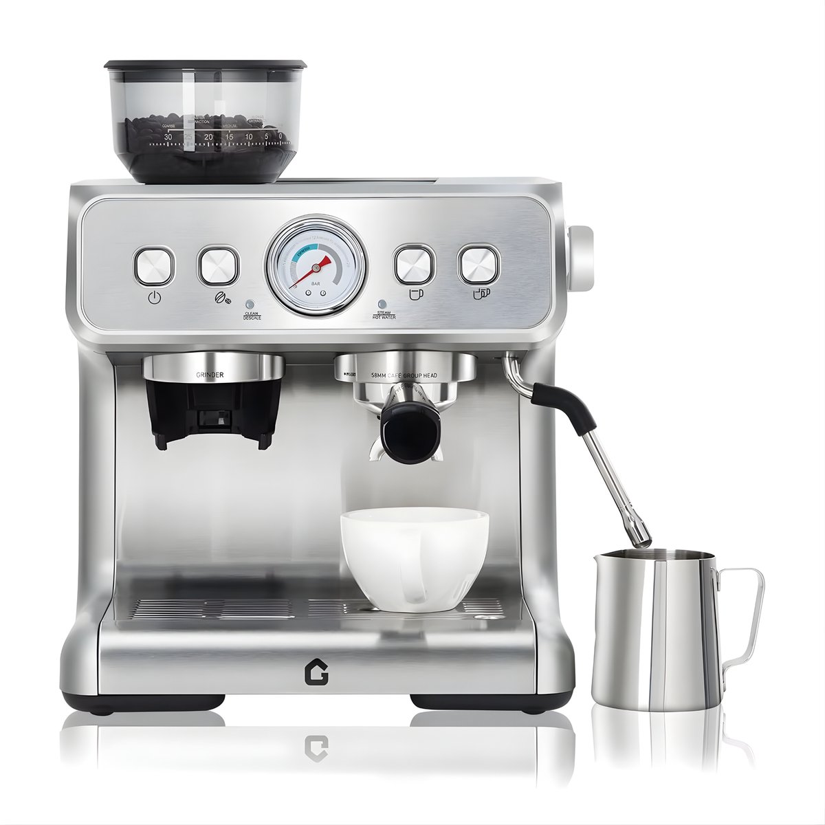 Espressomachine 1500W 15 Bar - Met Koffiemolen & Melkopschuimer - Zilver