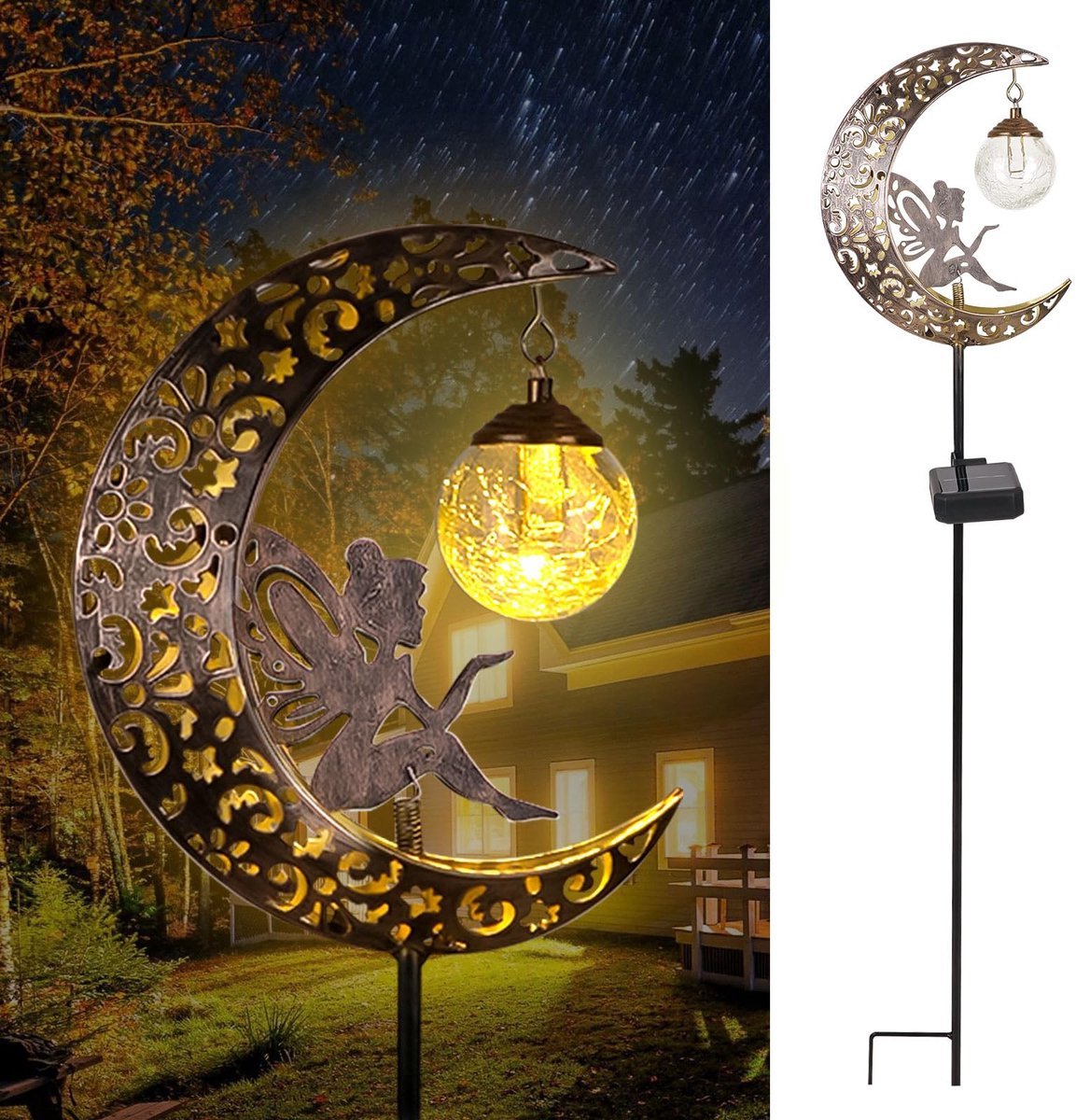 Casalora Tuinverlichting - tuinverlichting op zonneenergie - Solar Tuinverlichting Zon en Maan - 1 Stuks - Metaal en Glas - Kunstplanten Kunstbloemen Solar Schuttinglamp voor Tuin, Terras, Gazon
