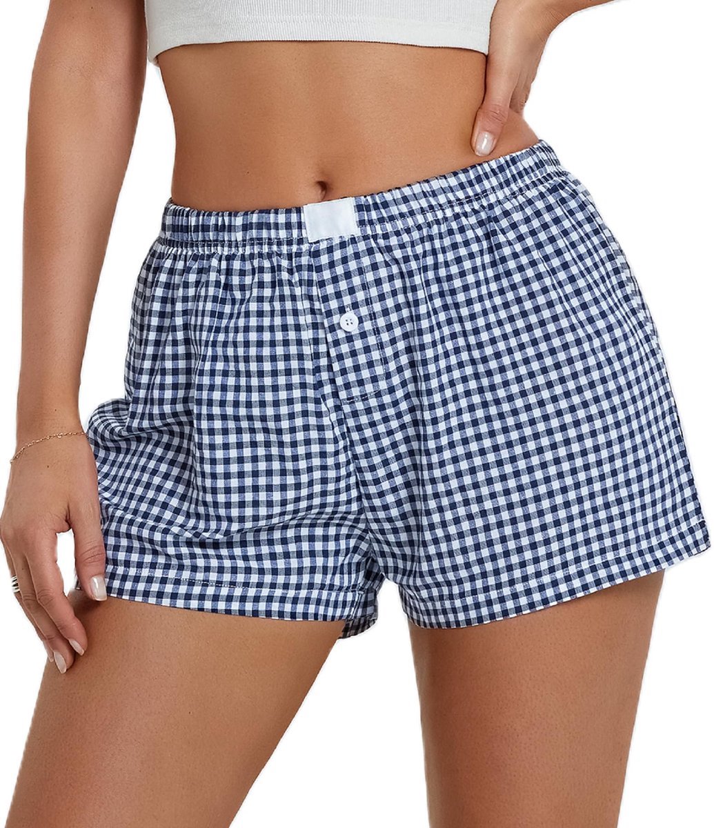 Casalora Shorts Gingham shorts Dames Slaap Lounge Short Zachte Boxer Short voor Slapen en Thuis – 42 Blauw