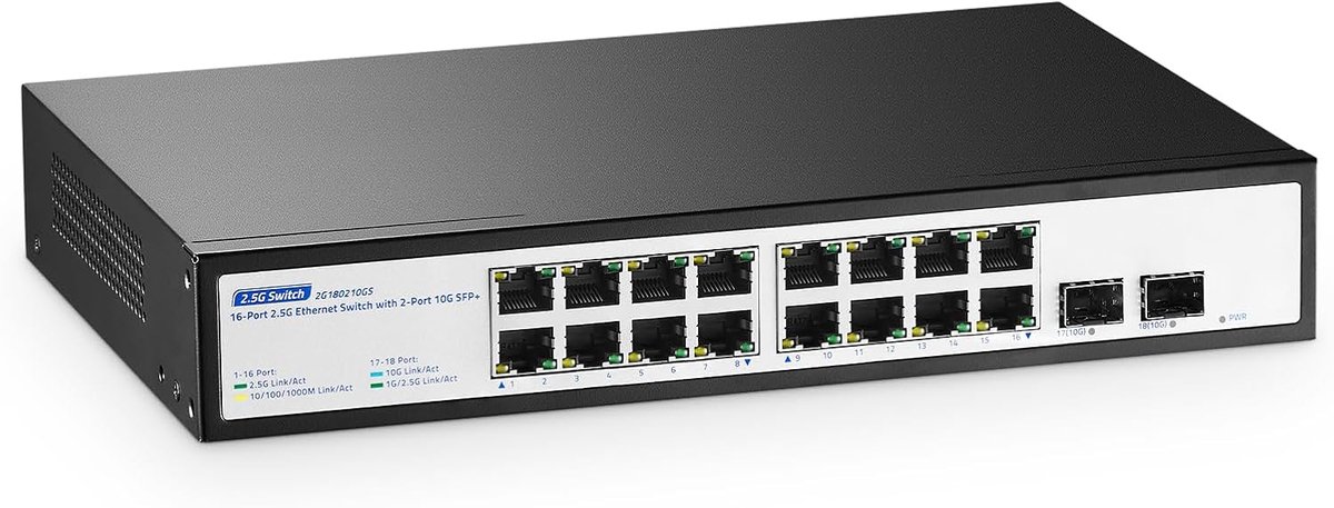 Ethernet Switch 18 poorten - 16 x 2.5G + 2 x 10G SFP - Fanless, Plug & Play - Ideaal voor thuis en kantoor - ShopVlot