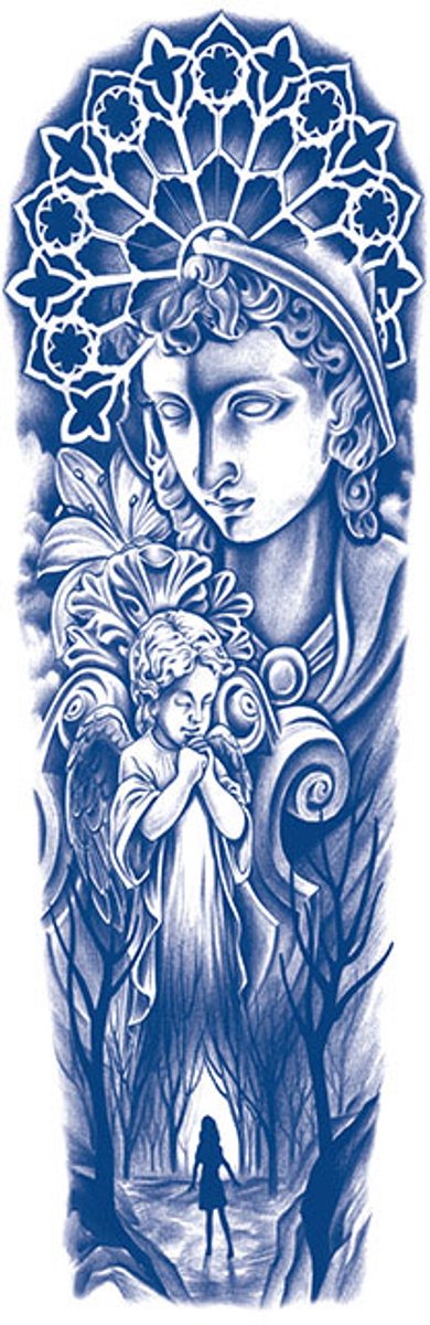 Tijdelijke sleeve tattoo engel gezicht 2 weken