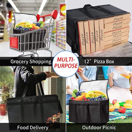 Geïsoleerde boodschappentas -Grote geïsoleerde tas - 58 cm* 38 cm * 36 cm - Picknicktas - Geïsoleerde tas van aluminiumfolie, geschikt voor warme en koude gerechten, catering en boodschappen - Grote capaciteit - Herbruikbaar - Geïsoleerde tas - Zwart — afbeelding 5