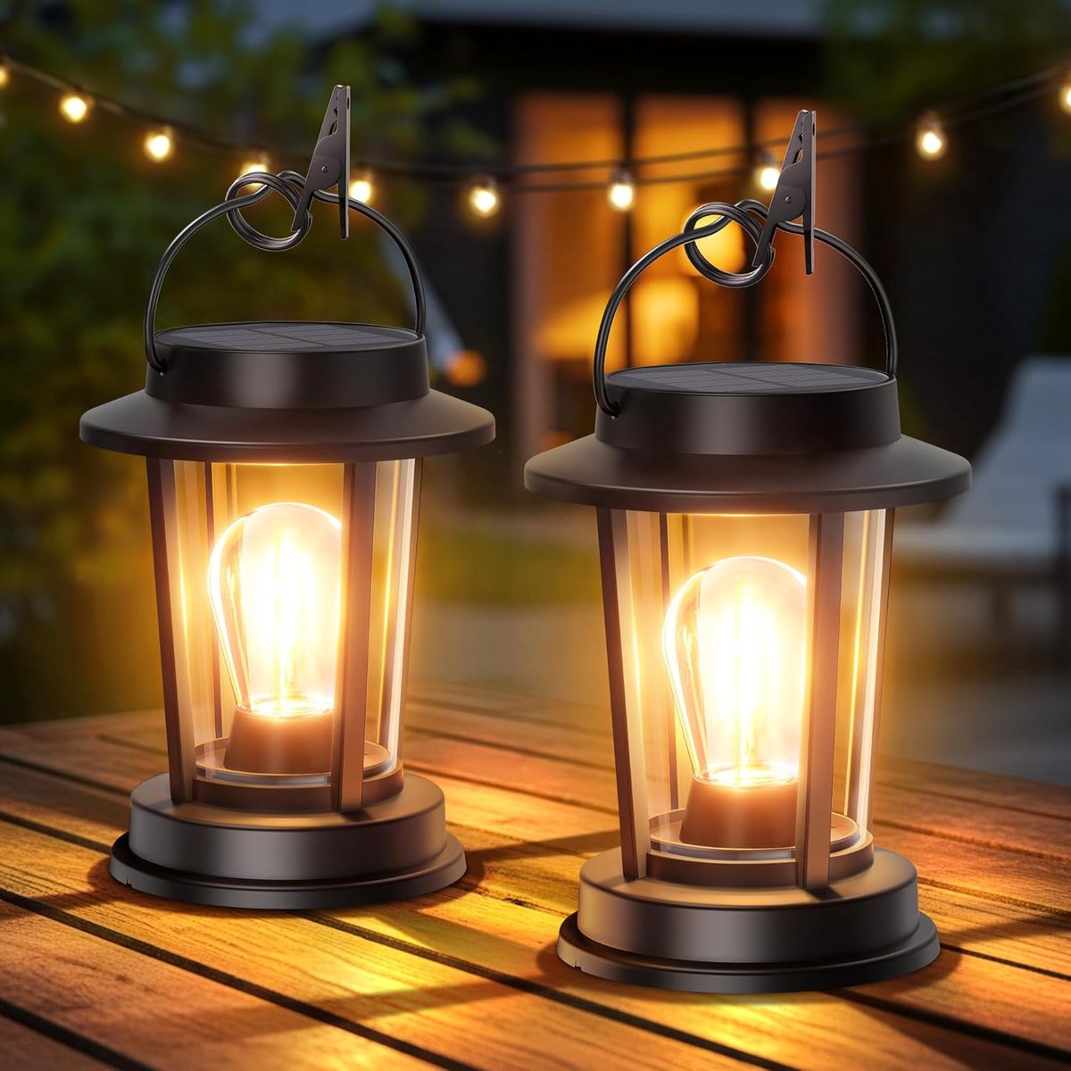 SnelShoppen - Lampen op zonne-energie voor buiten, hangend/staand, retro lantaarns, warmwit, IP65 waterdicht, tuindecoratie met clips, 2 stuks voor tu