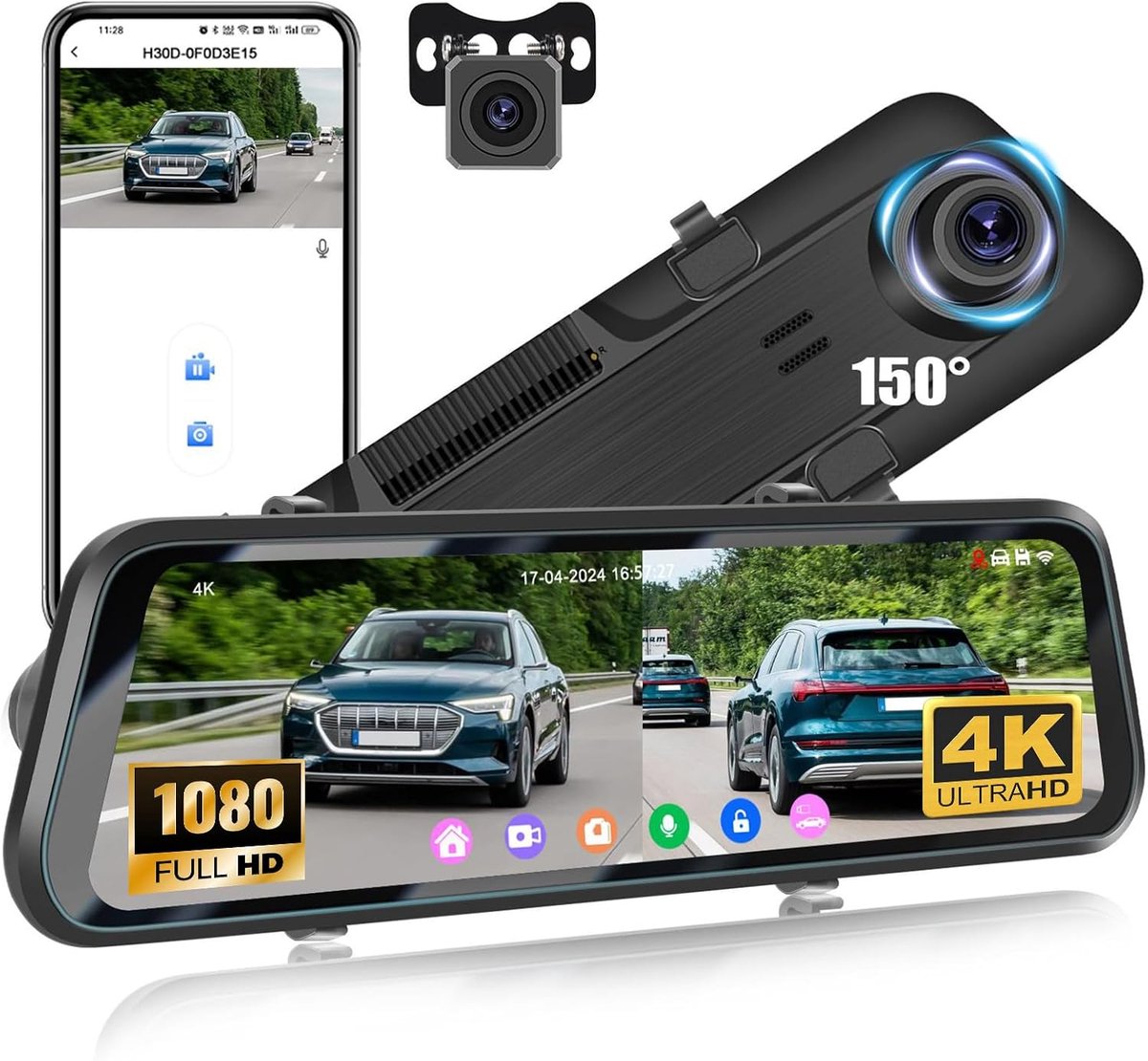 Dashcam 12 inch 4K - achteruitrijcamera - GPS en WIFI - optimale veiligheid tijdens het rijden - SnelShoppen