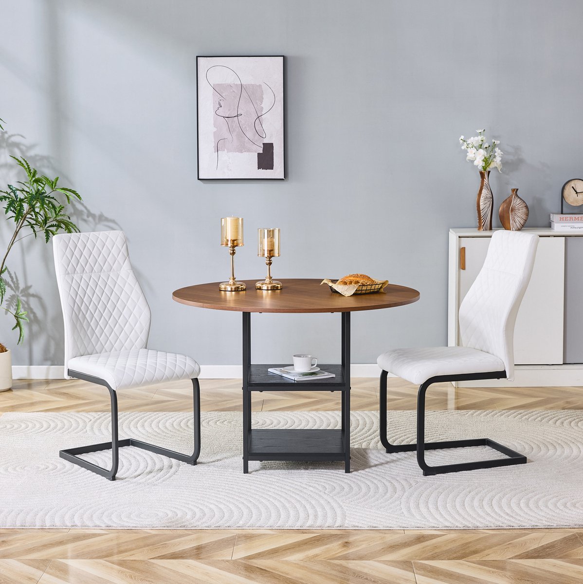 MODFU Set Tafel En Stoelen - Industrieel - 107 Cm - Walnoot - Wit - Zwart