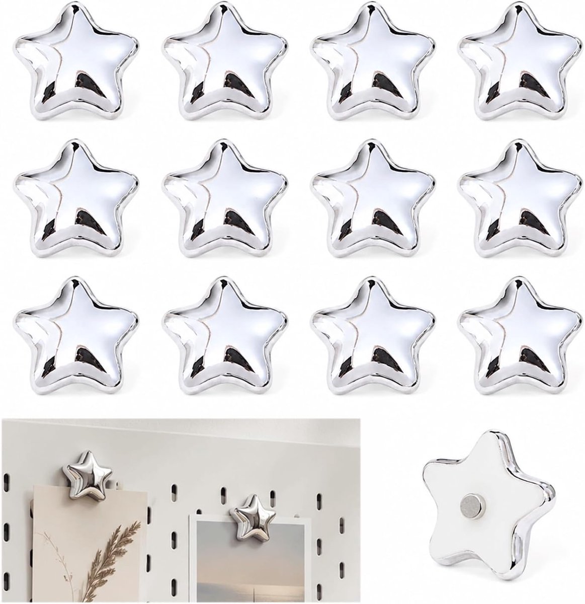 Koelkastmagneten set van 12 - 3D sterren 2,5 cm - spiegel-zilver - glanzende decoratie voor keuken - SnelShoppen