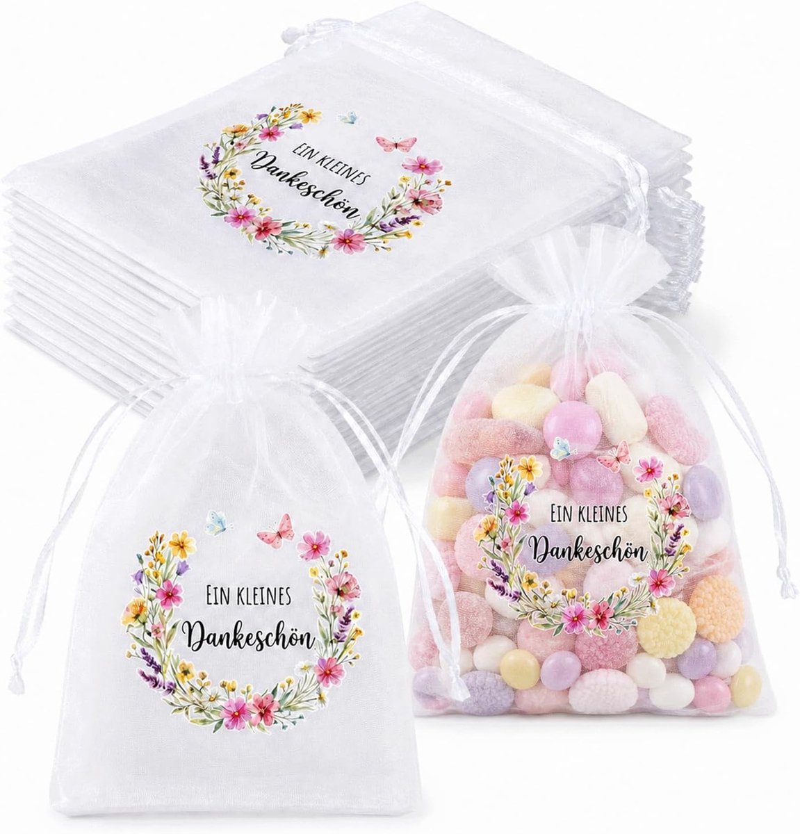 organzazakjes 10 x 15 cm - witte bloemen- en vlindermotief - 25 stuks - gastgeschenken voor bruiloft - SnelShoppen