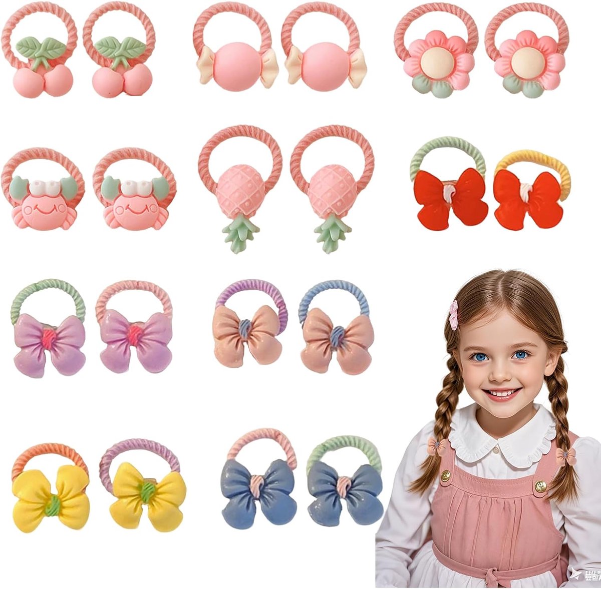 Haarelastiekjes voor meisjes 20 stuks - 10 strikken + 10 vruchten - zacht en elastisch - SnelShoppen