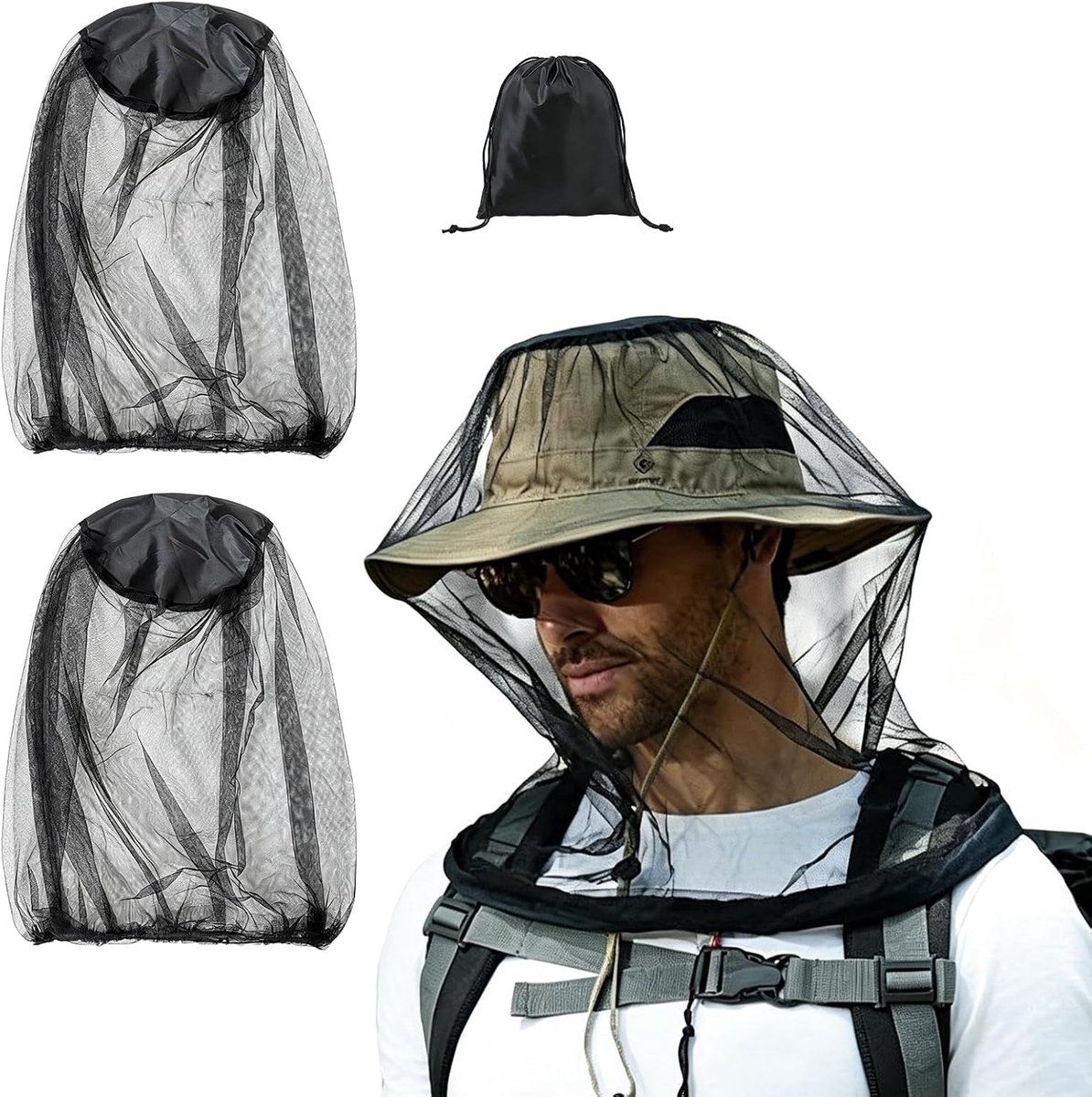 Muggennet voor het hoofd - Extra groot - 2 stuks met draagtas - Ideaal voor buitenactiviteiten - SnelShoppen