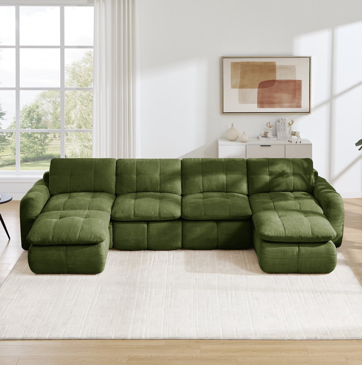 STILVORA U-Bank 334 x 160 cm - Modulair Met 2 Ottomanen En Ruitstiksel - Brede Diepe Zitting Voor Woonkamer En Appartement - Chenille Groen