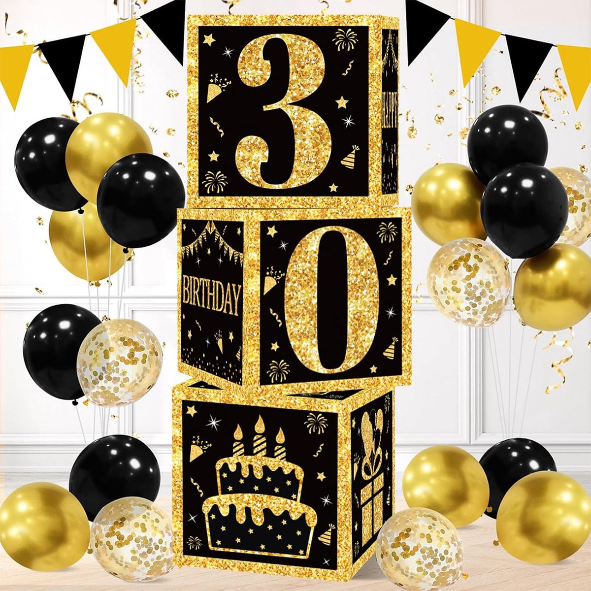 30ste verjaardag decoratie set - 3 stuks zwart goud - feestelijke dozen - tafelcentra voor mannen - SnelShoppen