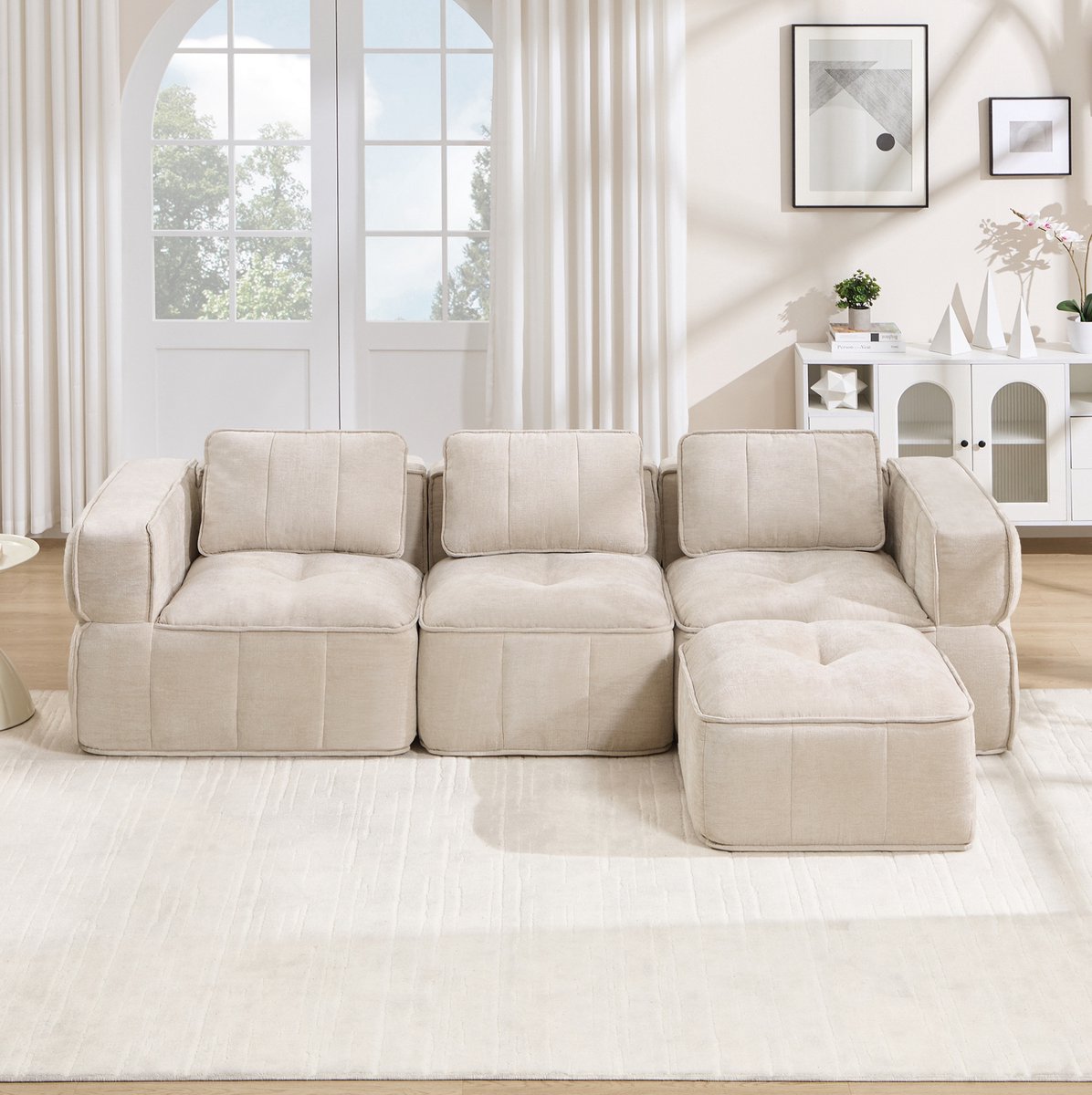 STILVORA Hoekbank 271 x 162 cm - 3-Zits Modulaire L-Vormige Bank Met Hocker En Diepe Zitting - Voor Woonkamer - Polyester Beige