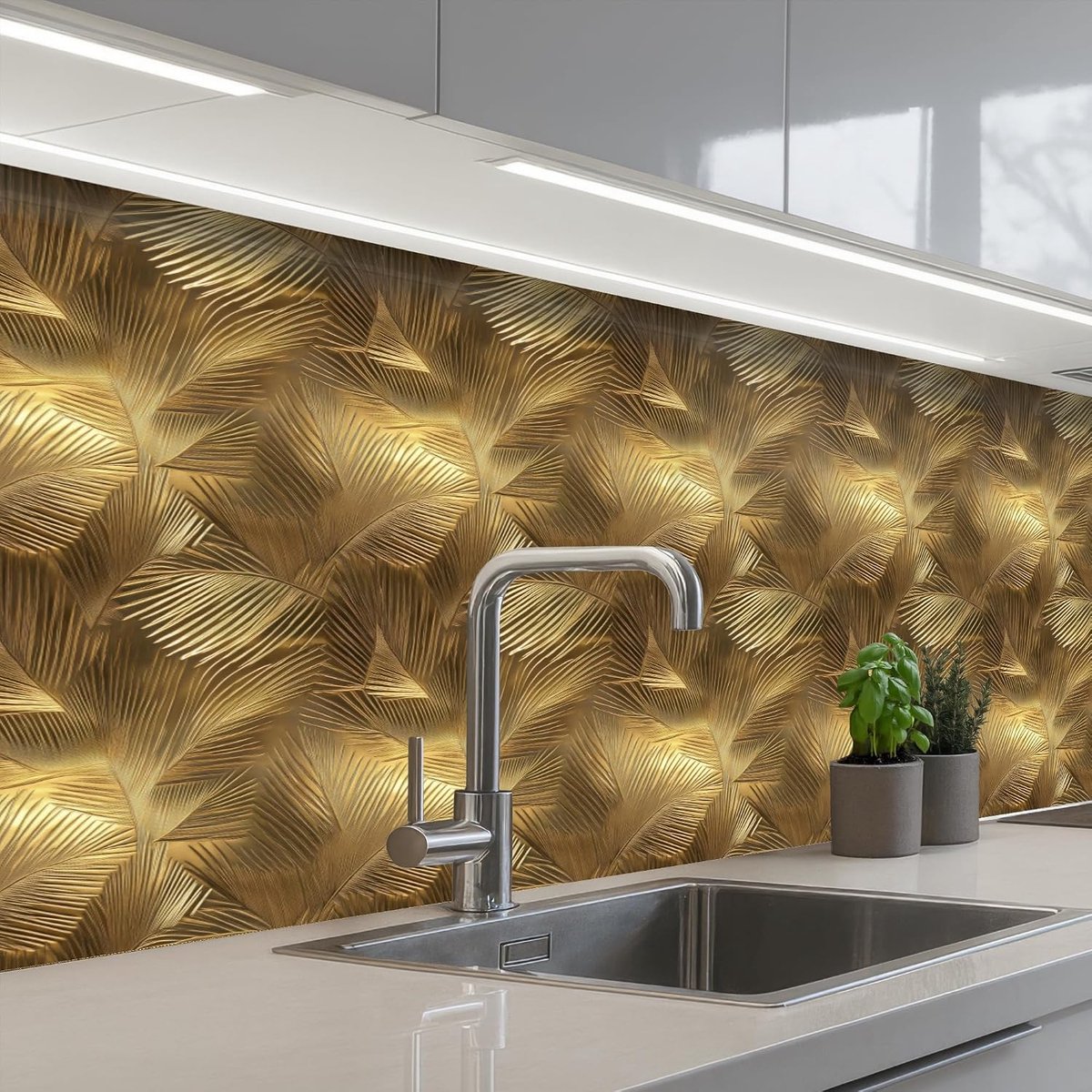 Keukenachterwand 60x200 cm zelfklevend keuken decoratie accessories home kitchen spatscherm Palm - Waaier - Goud