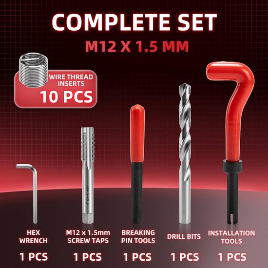 Schroefdraadreparatieset M12x1.5 mm, Bevat Boortjes Tappen Montagegereedschap een Schachtbreker Schroefdraadinzetstukken en is Bedoeld voor Het Repareren van Beschadigde of Versleten Schroefdraad — afbeelding 4