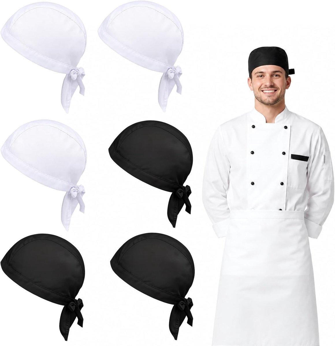 Keuken, koksmuts voor heren, hoofddeksel, keuken, verstelbare koksmuts, uniseks, professionele keukenmuts voor restaurant en hotel, 6 stuks koksmuts in wit en zwart