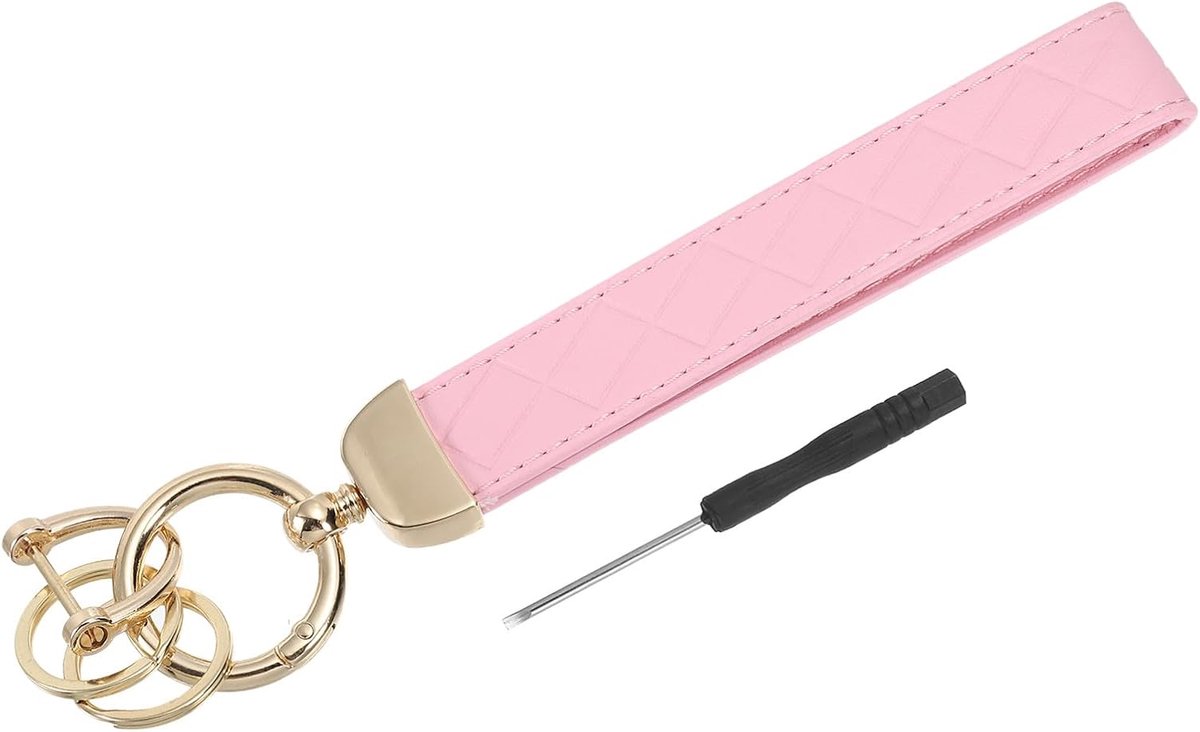 Leren polssleutelhanger, sleutelhanger met 2 ringen en D-ring voor heren en dames, autosleuteltas, goud/roze