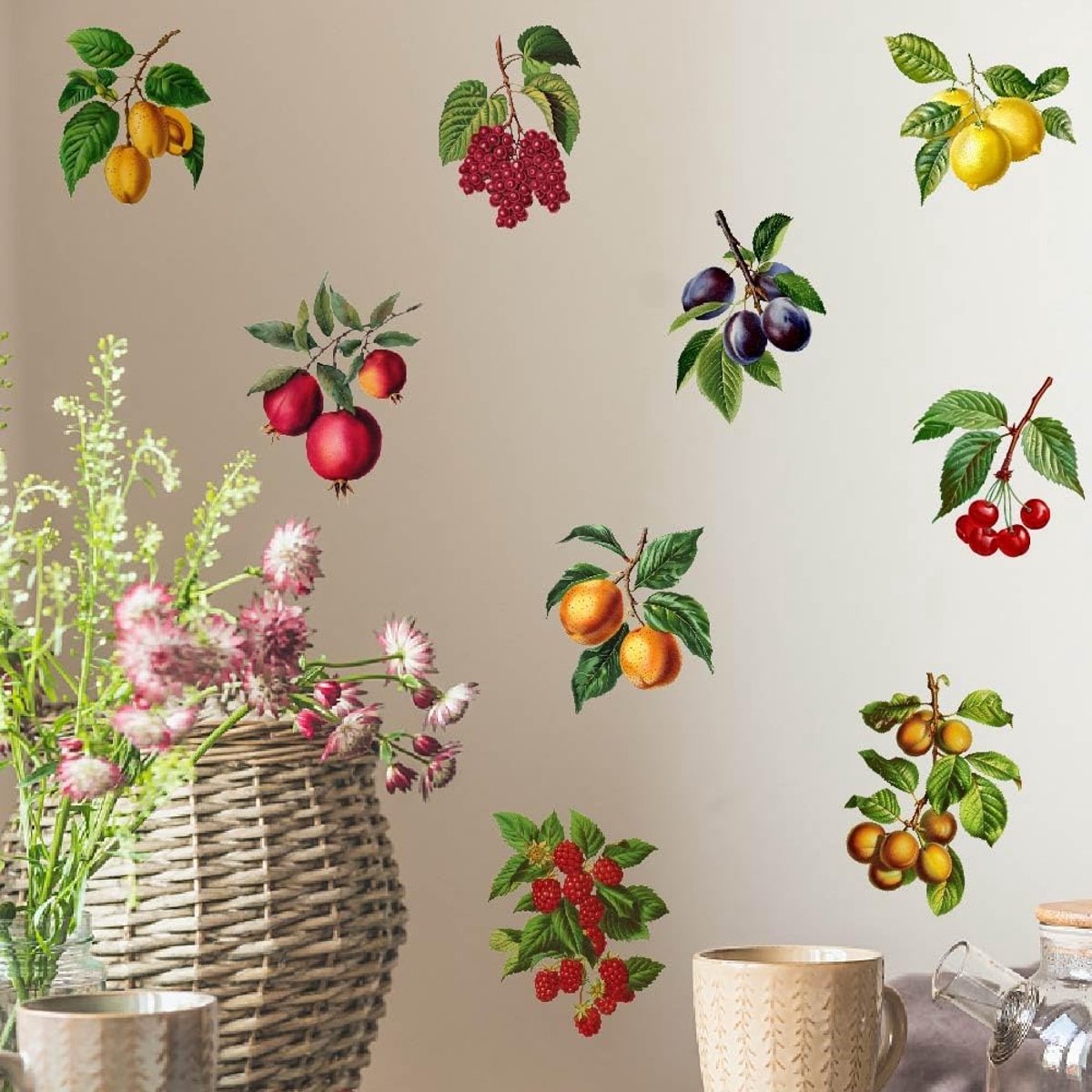 Muurstickers Fruit Vinyl Muurstickers Rustieke Zelfklevende Sticker DIY Kleurrijke Vinyl Art Decoraties voor Slaapkamer Woonkamer Keuken Eetkamer Grote Maat Muur Decor