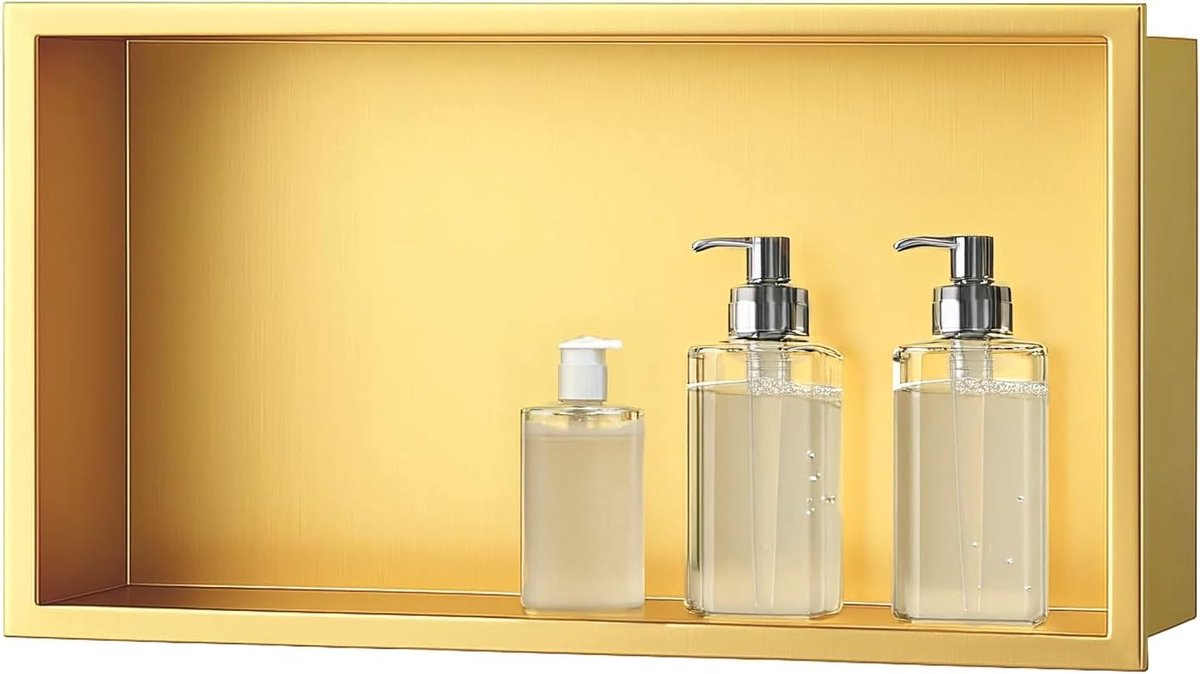 Douche, wandnis douche roestvrij staal, nis zonder plank, douchebak 30 x 60 x 10 cm, goud