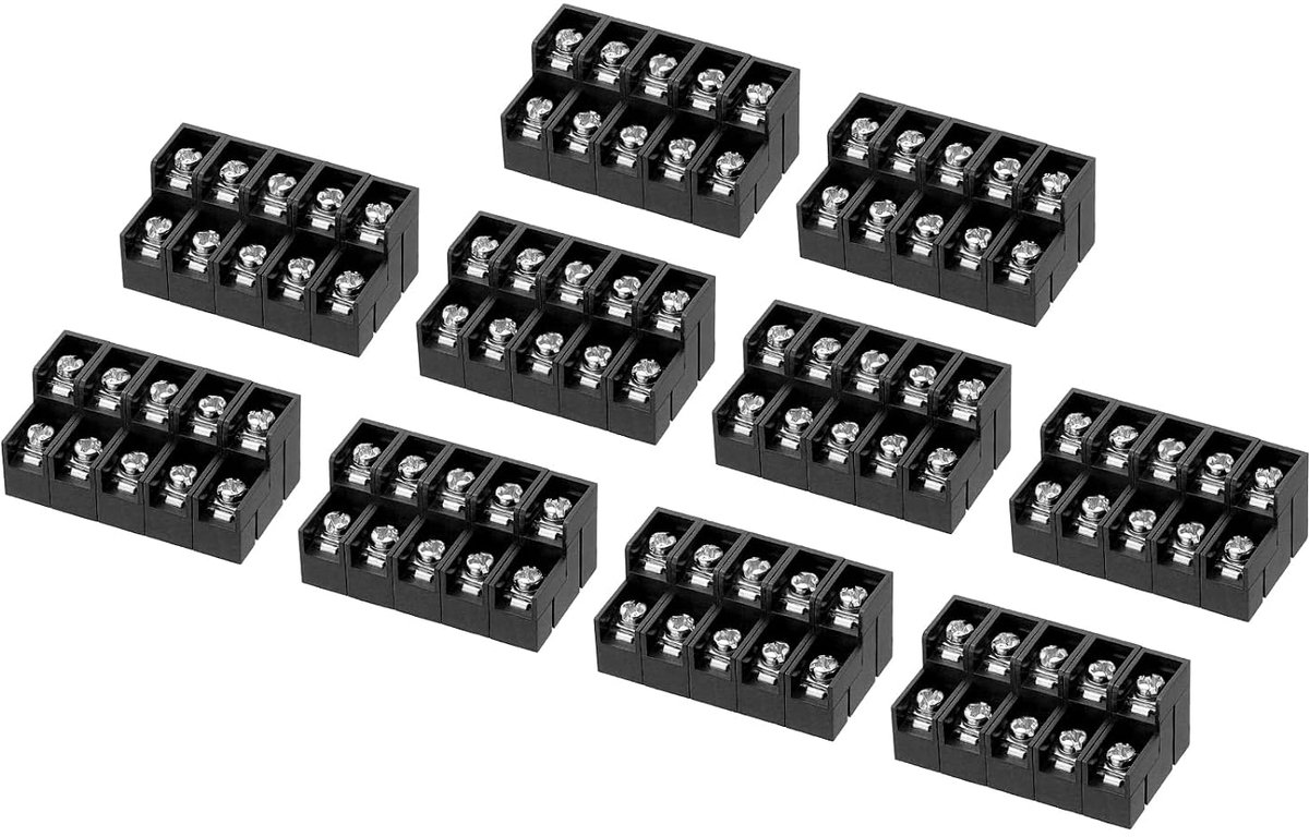 Klemblokken met 5 posities, dubbele rij, 23,5 mm x 43 mm, 300 V, 15 A, stap 8,5 mm, PA66, voor printplaatmontage, schroefklemmen, voor kabels 22-12 AWG, verpakking van 10 stuks, zwart