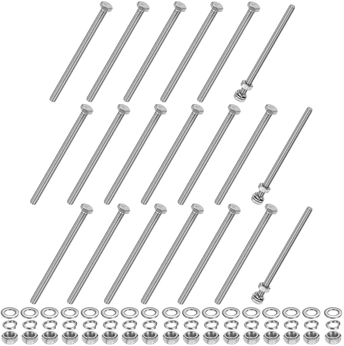 METERXITY Zeskantschroeven met moeren, sluitringen en sluitringen, M6 x 100 mm, set schroeven en moeren van roestvrij staal, volledige schroefdraad, assortiment, metrische schroeven, 20 stuks